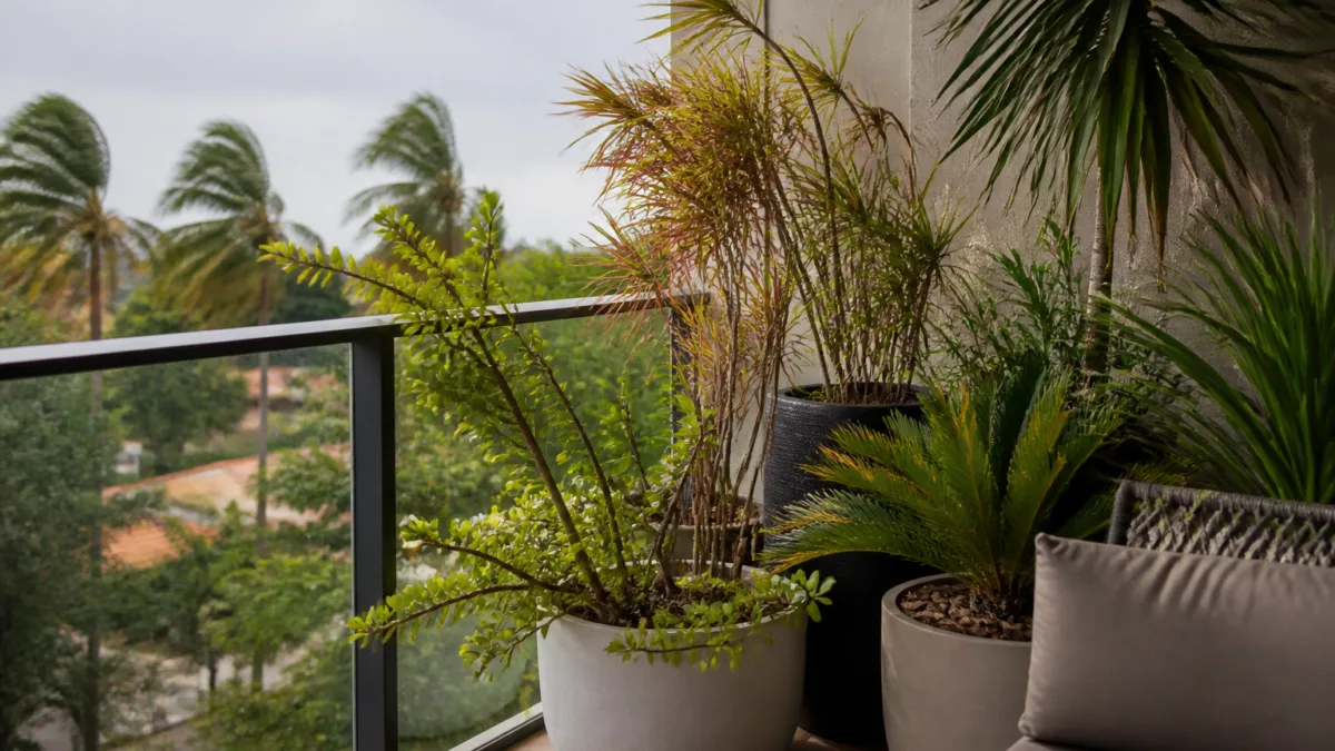 Plantas em vasos inclinadas pelo vento em uma varanda