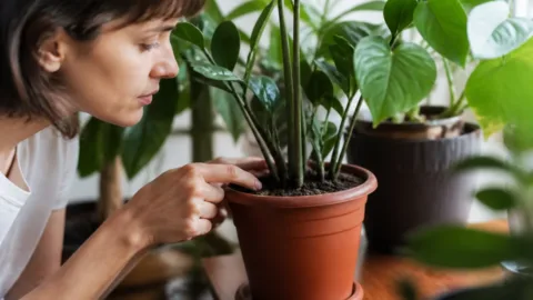 Pessoa verificando a umidade do solo de uma planta em vaso