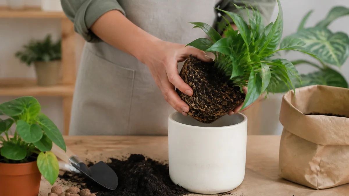 Pessoa trocando uma planta para um vaso maior