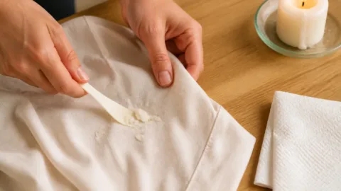 Remoção cuidadosa de cera de vela de uma peça de roupa