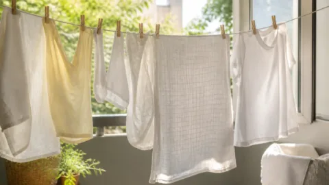Roupas limpas secando ao sol em ambiente arejado