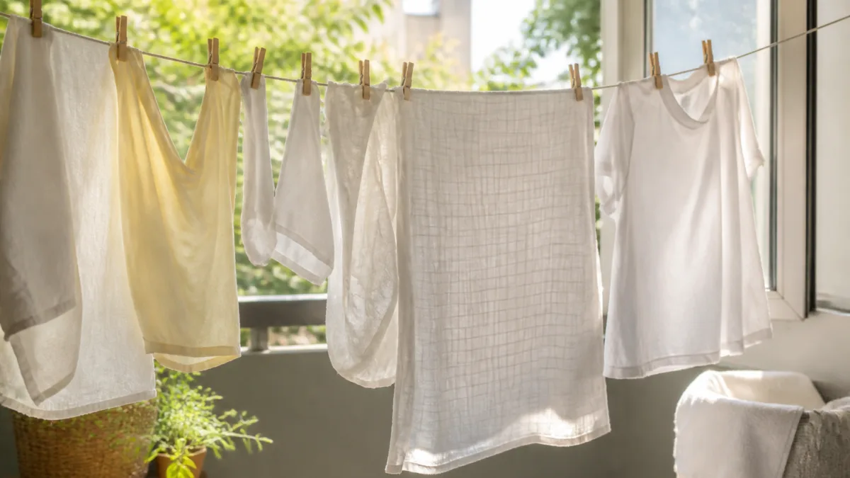 Roupas limpas secando ao sol em ambiente arejado