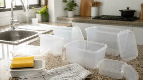 Potes plásticos novos sendo higienizados na cozinha