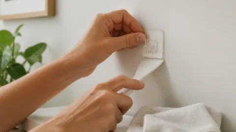 Pessoa removendo gancho adesivo de parede pintada