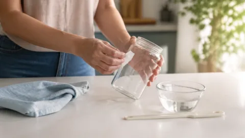 Pessoa removendo etiqueta de um pote de vidro na cozinha
