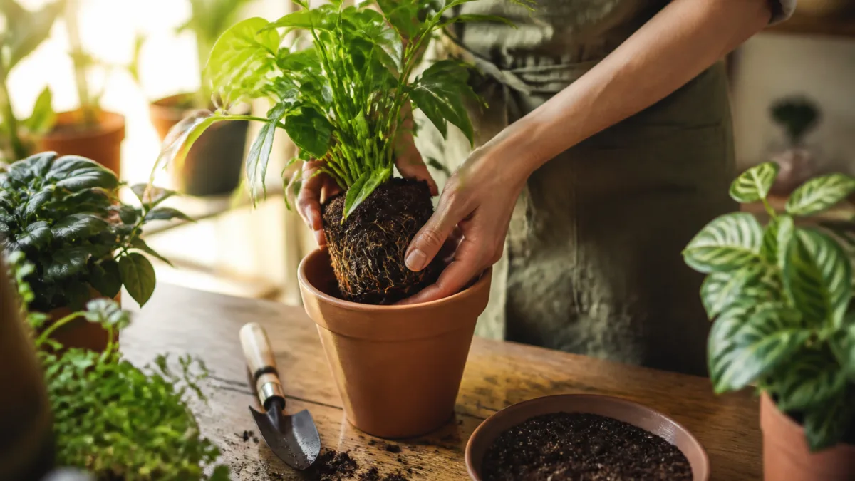 Mãos transplantando uma muda para um vaso maior