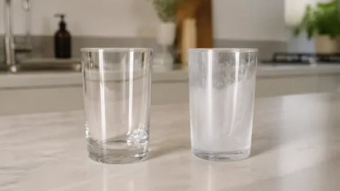 Copos de vidro transparente e esbranquiçado sobre uma bancada