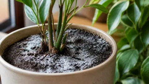 Crosta branca sobre a terra de um vaso de planta