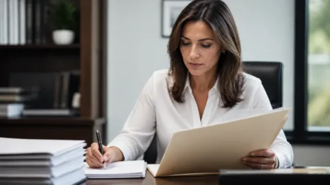 Empresária analisando documentos de clientes em um escritório