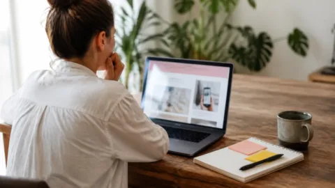 Empreendedora analisa uma página de vendas e anota dúvidas dos clientes