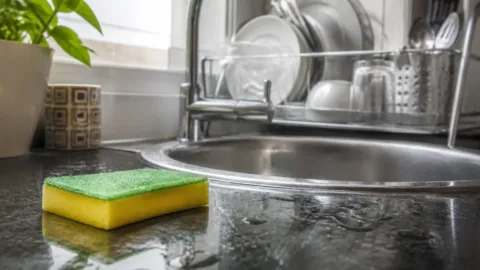 Esponja úmida ao lado da pia da cozinha