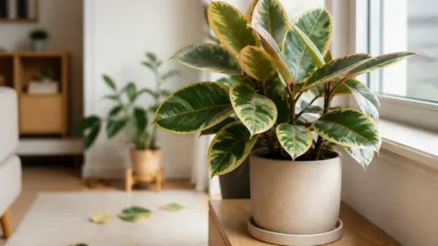 Planta em vaso perto da janela com folhas caídas no chão