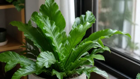 Planta ornamental com folhas de bordas onduladas perto de uma janela