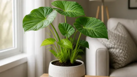 Planta com folhas novas menores que as antigas perto de uma janela