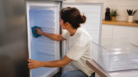 Pessoa limpando o interior de um freezer descongelado