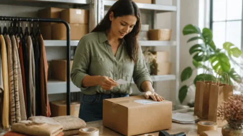 Empreendedora preparando pedido para envio em uma pequena loja