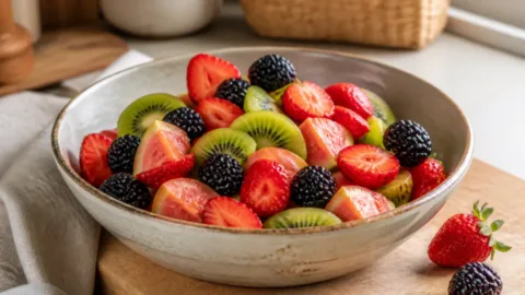 Tigela com morangos, amoras, kiwi e goiaba para o lanche