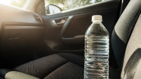 Garrafa de água dentro de um carro exposto ao sol