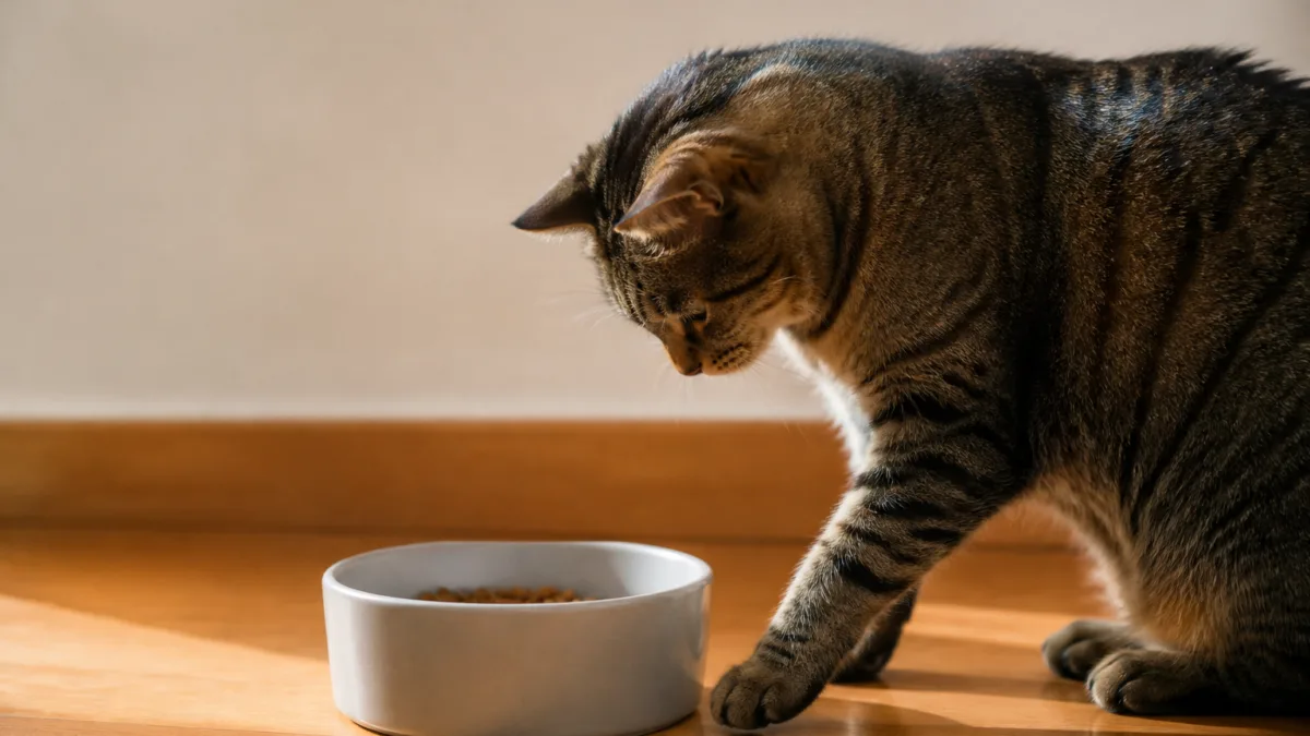 Gato arranhando o chão perto do pote após comer