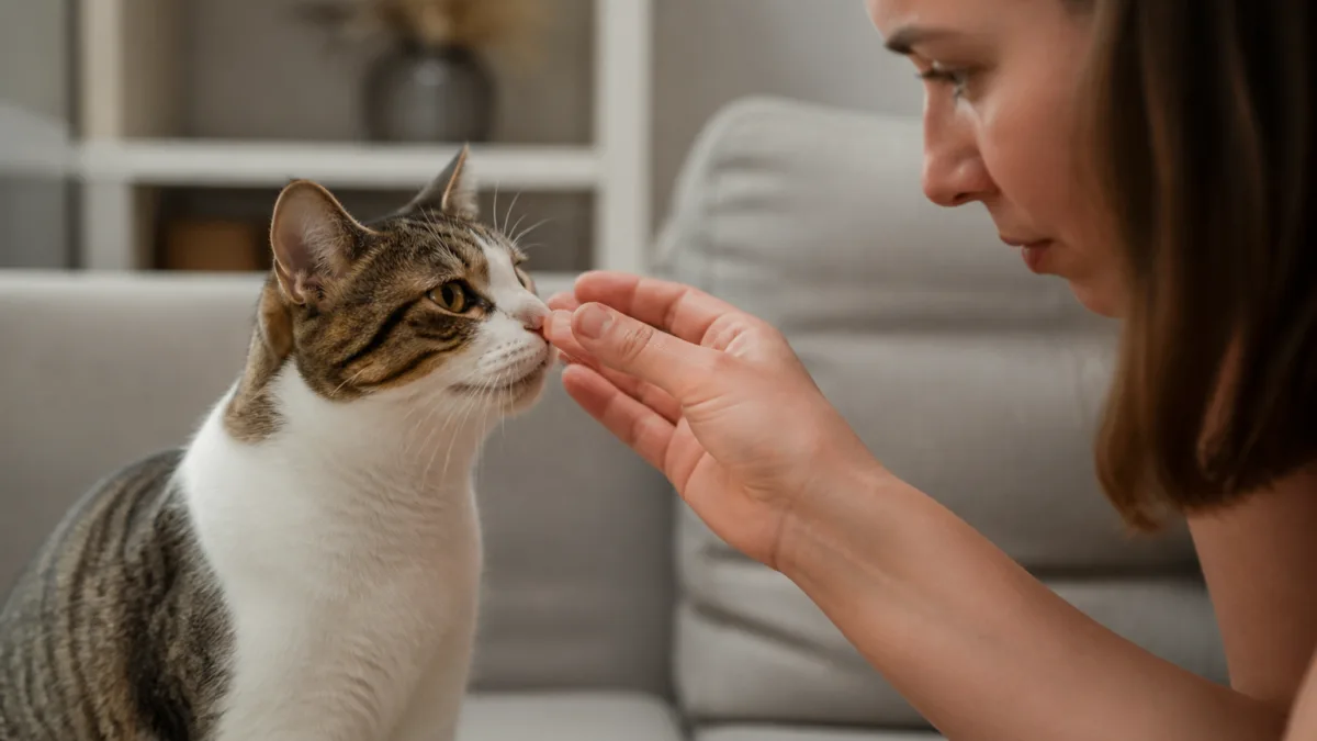 Gato próximo à mão de uma pessoa em casa