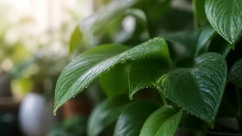 Gotas de água nas pontas das folhas de uma planta