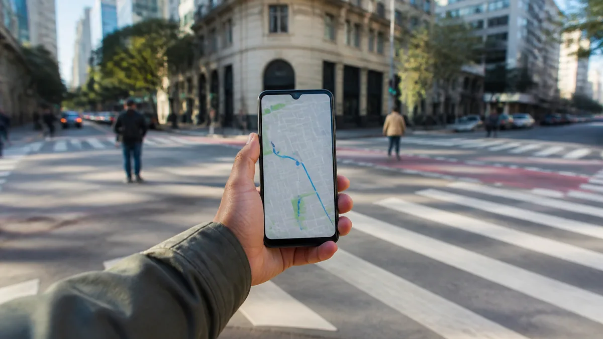 Pessoa usando o GPS do celular em uma rua da cidade