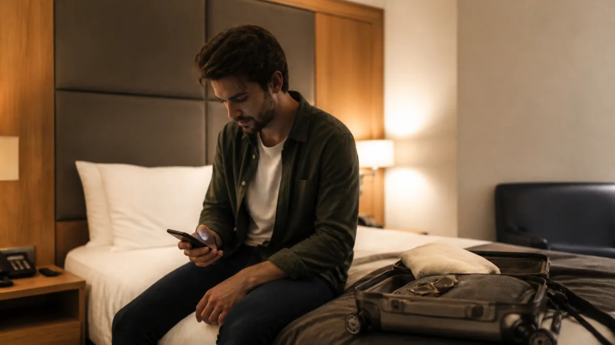 Viajante em quarto de hotel sem janela durante uma viagem