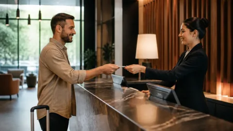 Hóspede faz check-in em hotel com cartão na recepção