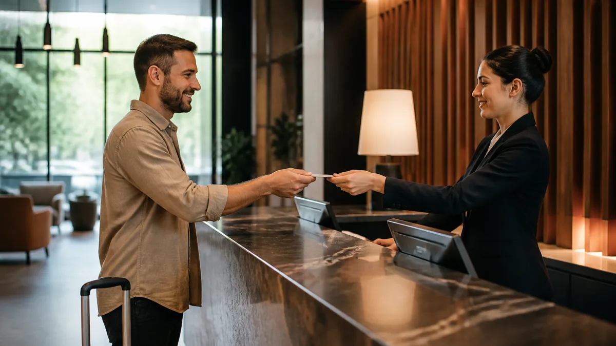 Hóspede faz check-in em hotel com cartão na recepção