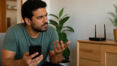 Pessoa testando a internet do celular perto do roteador Wi-Fi