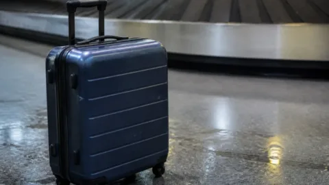 Mala danificada próxima à esteira de bagagem no aeroporto