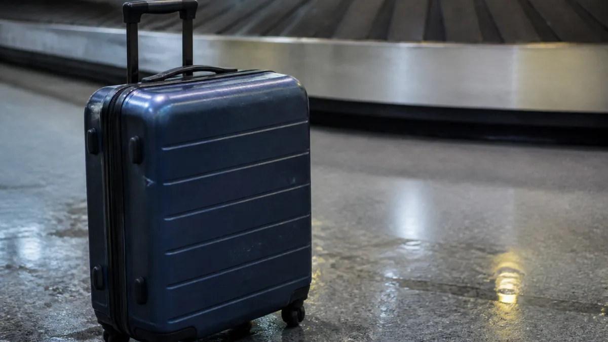 Mala danificada próxima à esteira de bagagem no aeroporto