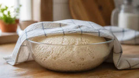 Massa de pão coberta descansando em uma tigela na cozinha