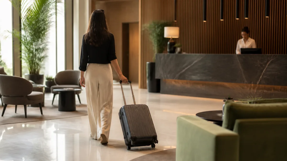 Viajante com mala no saguão de um hotel antes do check-in