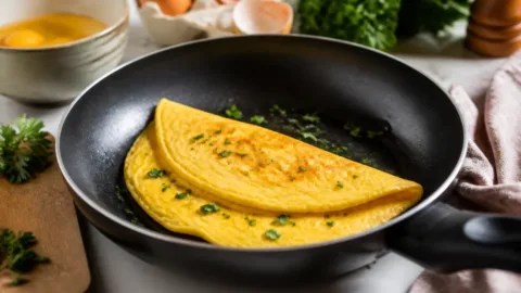 Omelete macio preparado em frigideira antiaderente