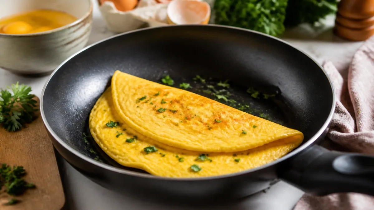 Omelete macio preparado em frigideira antiaderente