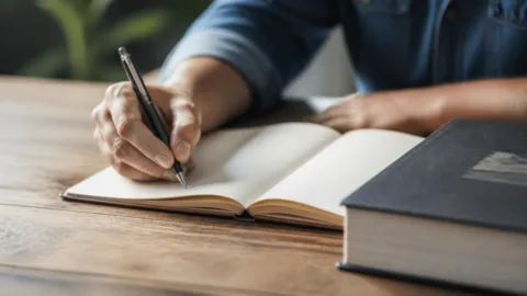 Pessoa escrevendo palavras em português em um caderno