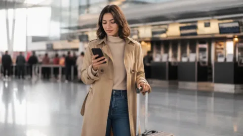 Passageiro conferindo uma reserva de viagem no aeroporto