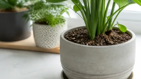 Pequenas moscas sobre a terra de um vaso de planta