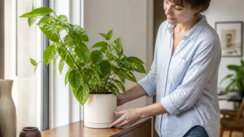 Planta inclinada em direção à janela recebendo luz natural