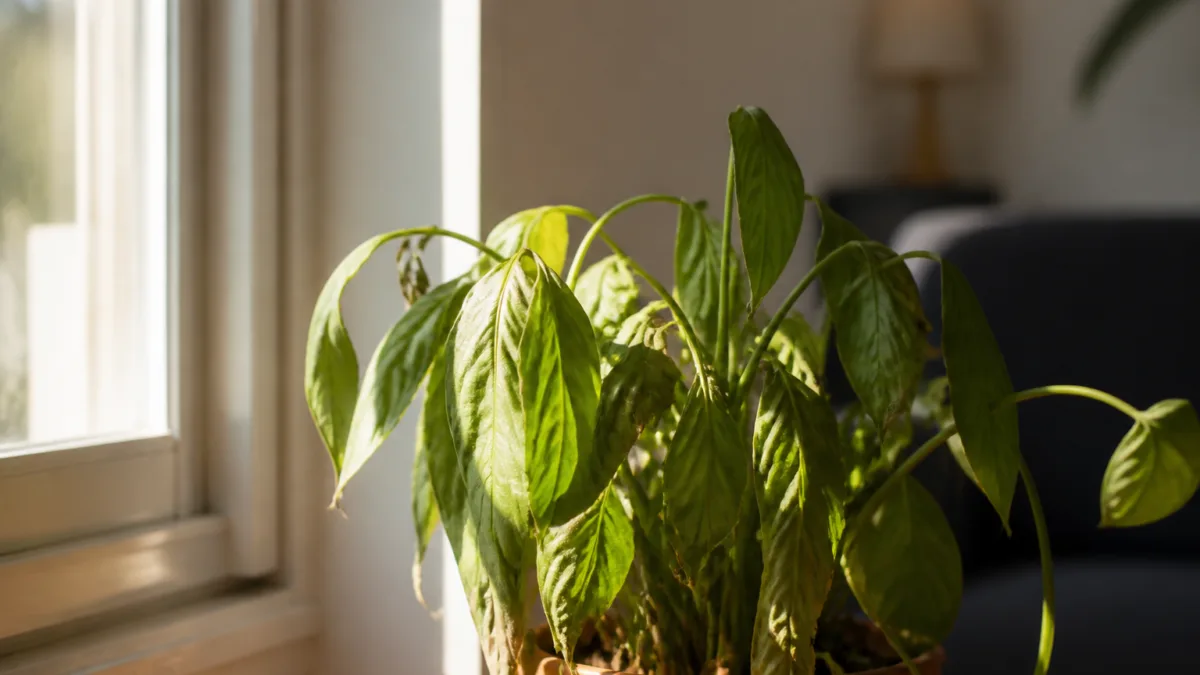 Planta com folhas levemente murchas sob a luz do dia
