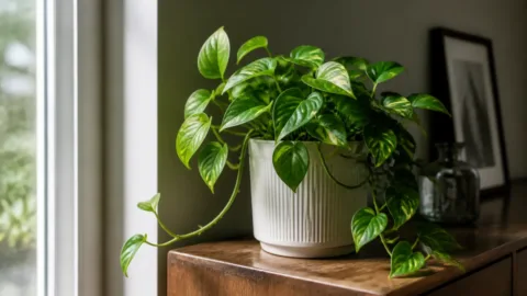 Planta em vaso posicionada perto de uma janela com luz natural