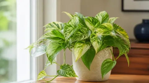 Planta variegada com folhas verdes e manchadas perto da janela