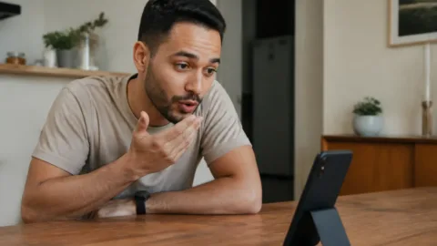 Pessoa ouvindo a própria voz gravada no celular