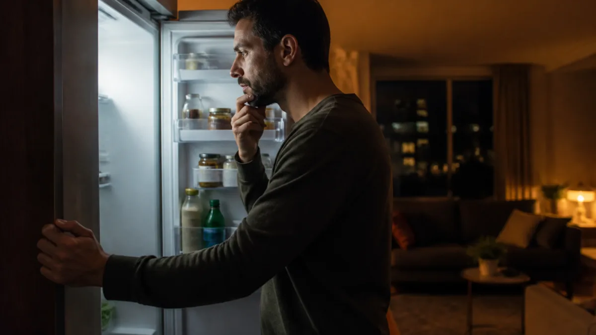 Pessoa abrindo a geladeira em casa durante a noite