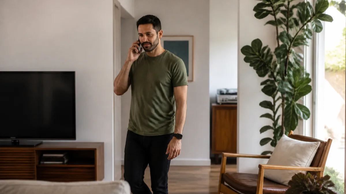 Pessoa caminhando enquanto fala ao telefone em casa