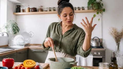 Pessoa falando sozinha enquanto cozinha em casa