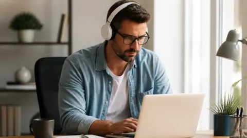Pessoa trabalhando concentrada com fones de ouvido