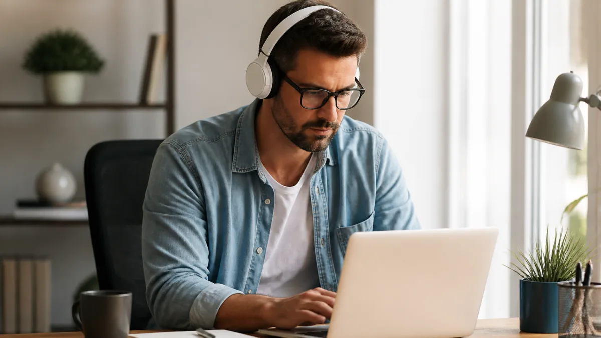 Pessoa trabalhando concentrada com fones de ouvido