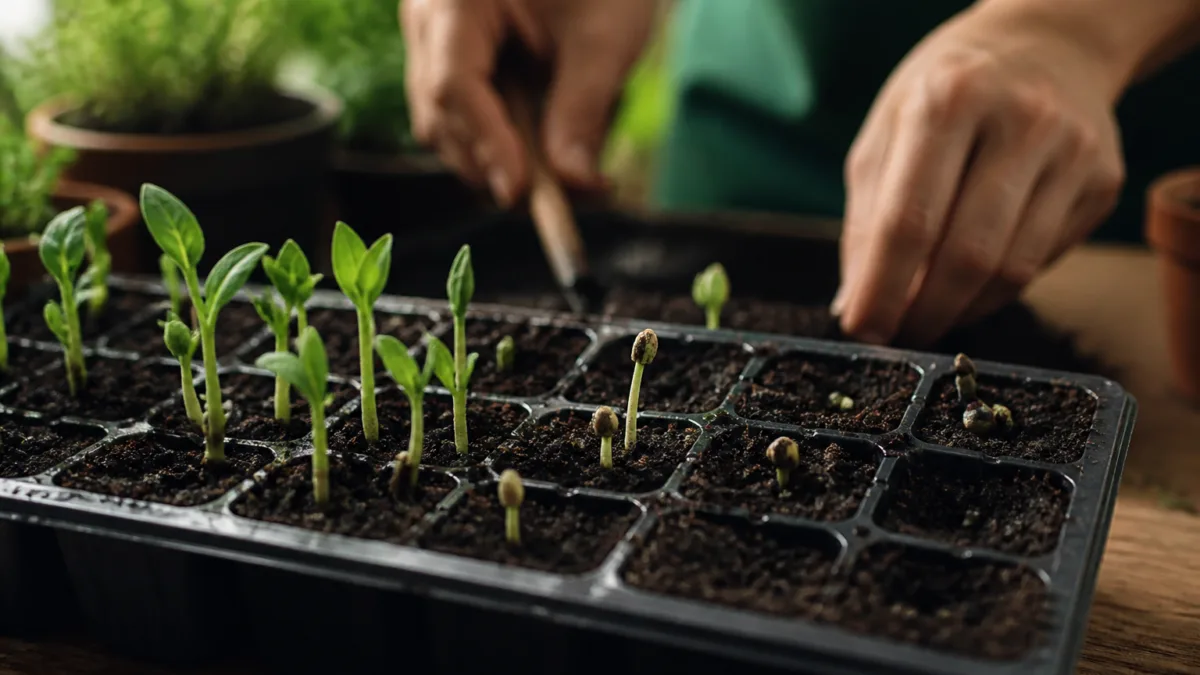 Sementes germinando em uma bandeja com terra úmida
